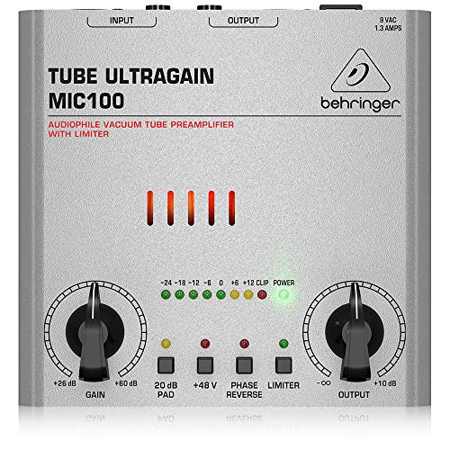 Behringer MIC100 - Preamplificador y limitador de tubo para micrófono Tube Ultragain, color plateado